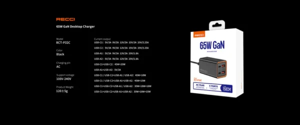 Recci 65W GaN Desktop Charger 150cm