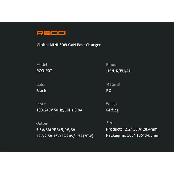 Recci Universal Charger GaN 30W