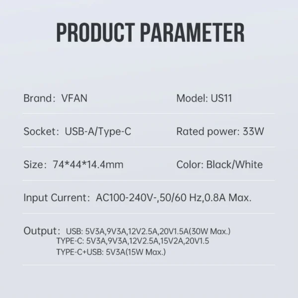 VFAN US11 ULTRA-THIN FAST Charger 33W