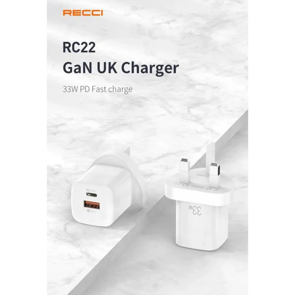 Recci GaN Dual Output Wall Charger 33W (UK Plug)