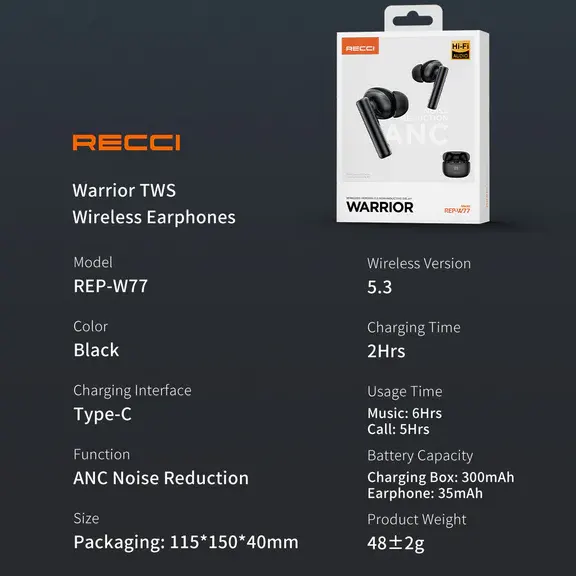 Recci Warrior ANC Wireless Bluetooth 5.3 In-Ear Earbuds