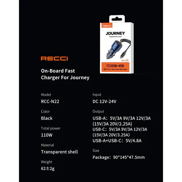 Recci Car Charger Journey Fast Charging 110W