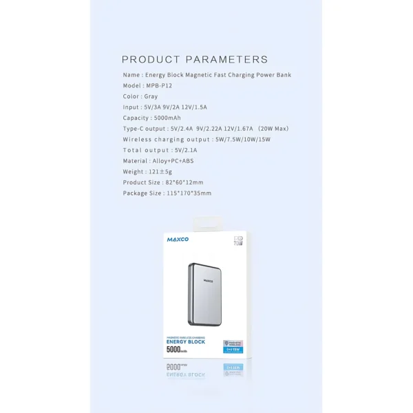 Maxco Mini Energy Block Magnetic Wireless Charger Power Bank 5000mA