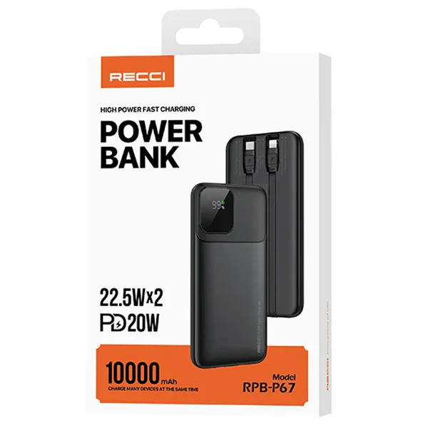 Recci Power Bank 10000mAh 22.5W with Built-In Cables Fast Charging