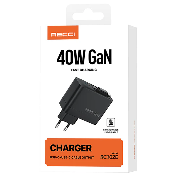Recci 40W GaN Fast Charger with USB-C Cable