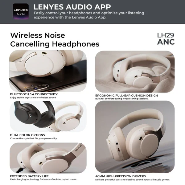 Lenyes Bluetooth 5.3 ANC HiFi 30H App-Control Headphones LH29
