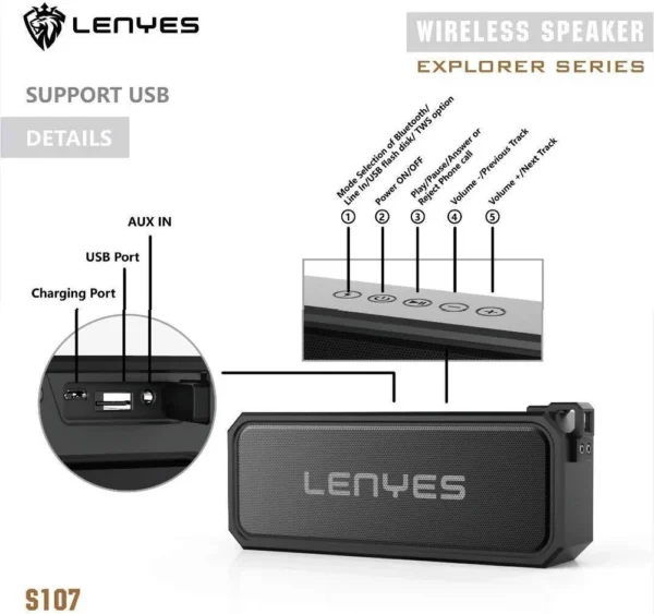 Lenyes Bluetooth 5.3 20W IPX6 Portable Speaker S107