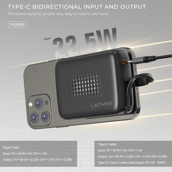 Lenyes 20000mAh 22.5W Built-In Type-C Cable Power Bank PX269D