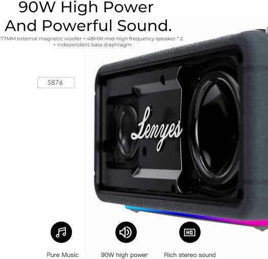Lenyes 90W Portable Bluetooth Speaker with RGB Lights and Power Bank S876