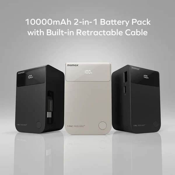 Momax 1-Pac Pass Mini⁺ 10000mAh 2in1 Battery Pack with Built-in Retractable Cable 45W