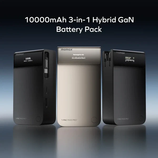 Momax 1-Pac Pass Pro⁺ 10000mAh 3in1 Hybrid GaN Battery Pack with Built-In Retractable Cable (45W)