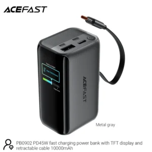 Acefast 10000mAh Fast Power Bank 45W with Retractable USB-C Cable & TFT Display PB0902
