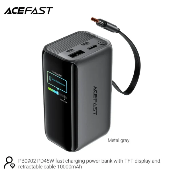 Acefast 10000mAh Fast Power Bank 45W with Retractable USB-C Cable & TFT Display PB0902
