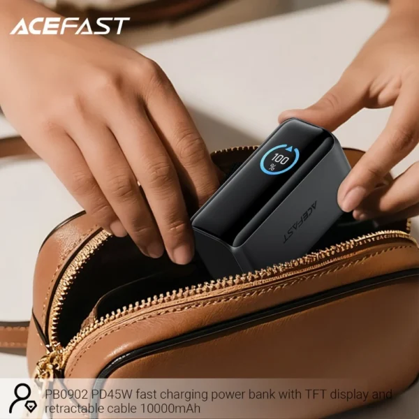 Acefast 10000mAh Fast Power Bank 45W with Retractable USB-C Cable & TFT Display PB0902