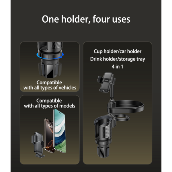 Yesido 4-in-1 Expandable Cup Holder Car Mount with Dual-Ball Rotation C274